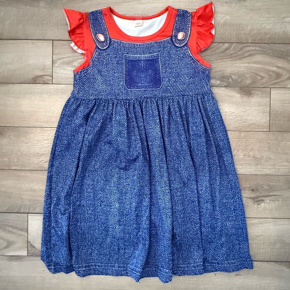 Girls Mario Bros Inspired Blue Denim Kids Dress with Red Accents size 9/10